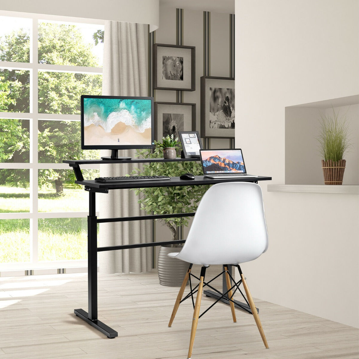 2-Tier Height Adjustable Standing Desk with Crank Handle-Black, Costway, 7