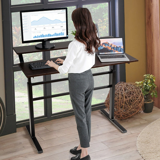 2-Tier Height Adjustable Standing Desk with Crank Handle-Coffee, Costway, 2