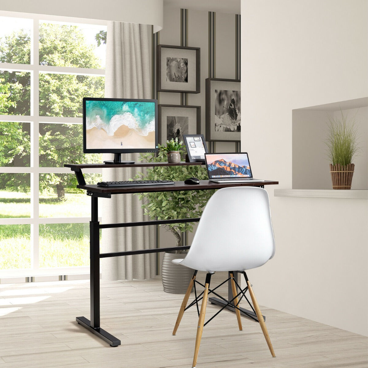 2-Tier Height Adjustable Standing Desk with Crank Handle-Coffee, Costway, 7