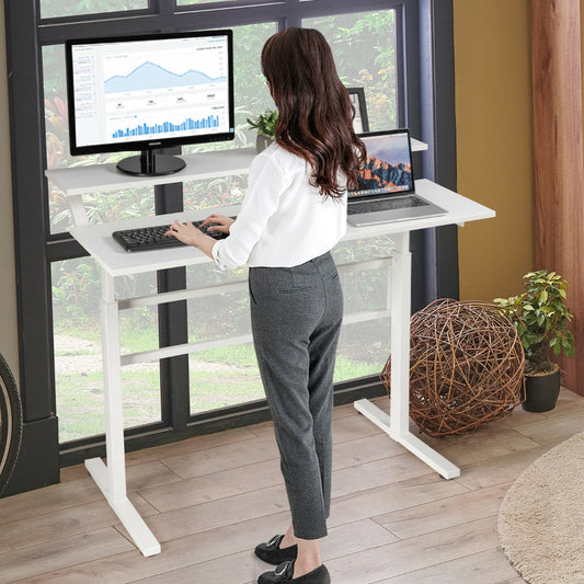 2-Tier Height Adjustable Standing Desk with Crank Handle-White, Costway, 2