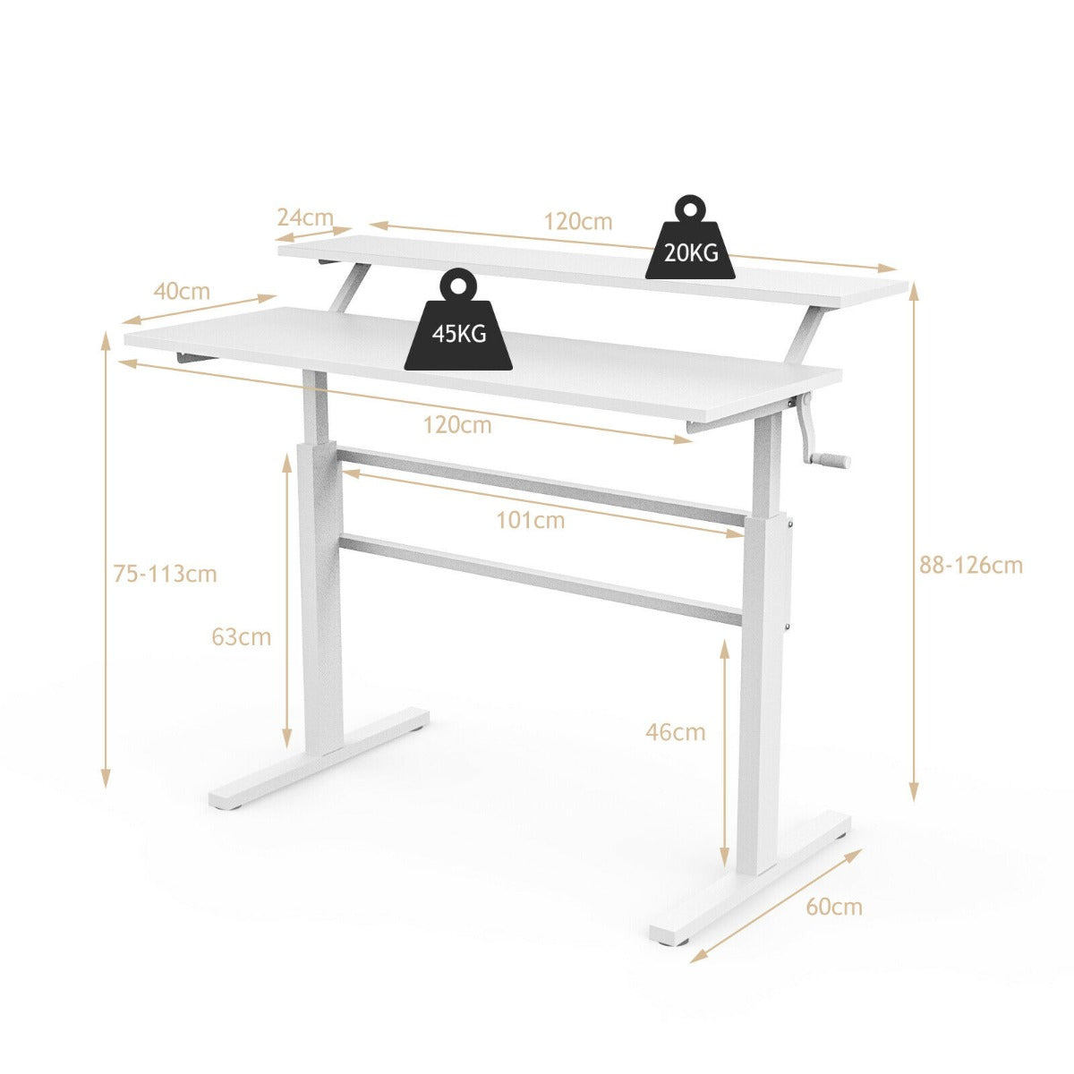 2-Tier Height Adjustable Standing Desk with Crank Handle-White, Costway, 4