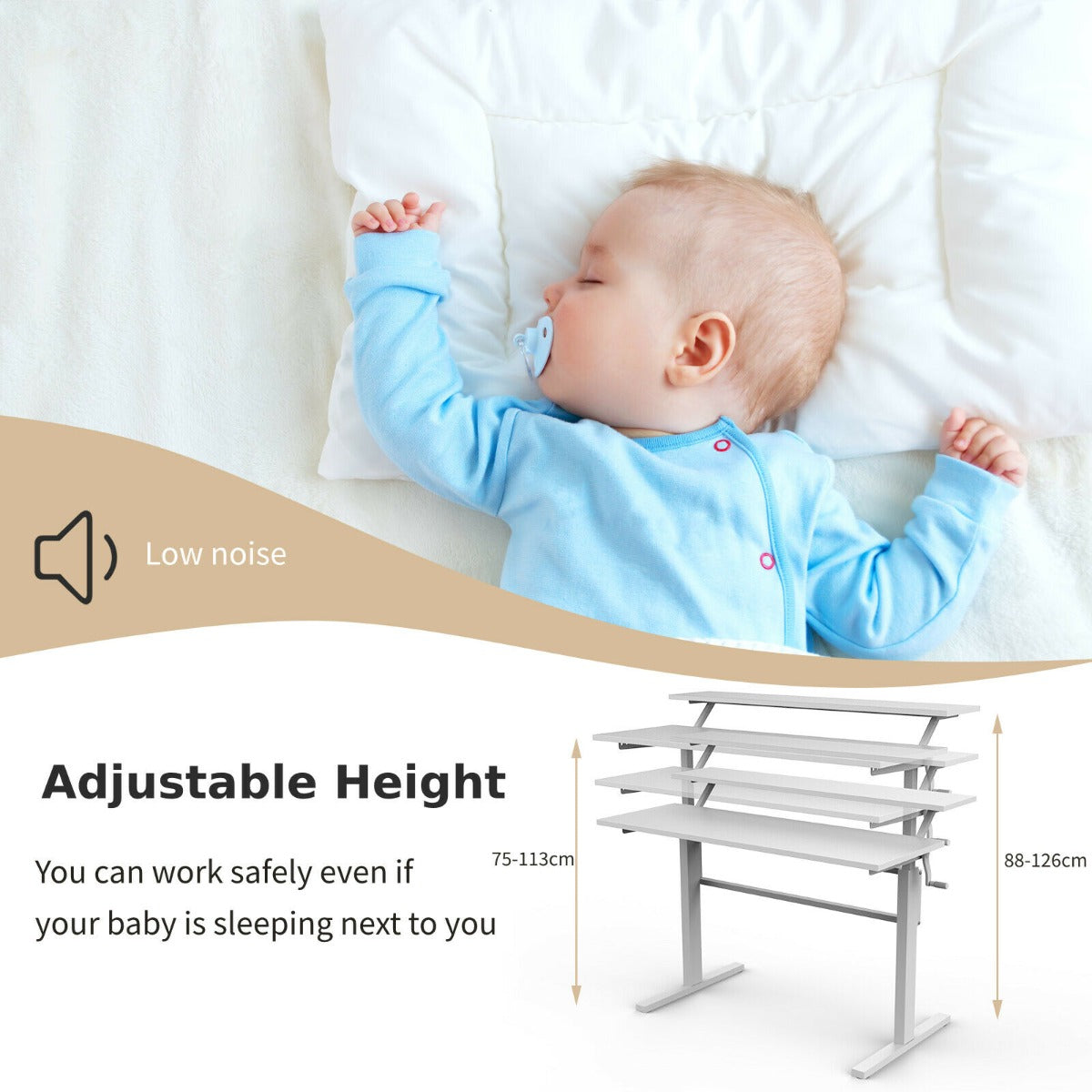 2-Tier Height Adjustable Standing Desk with Crank Handle-White, Costway, 3