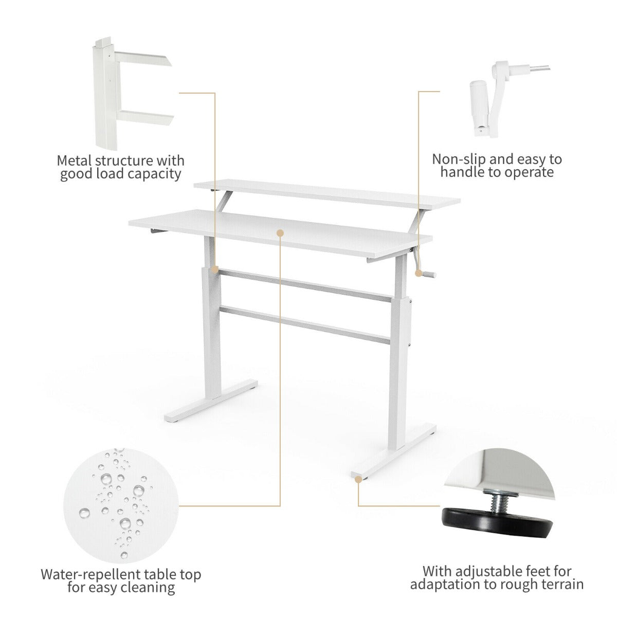 2-Tier Height Adjustable Standing Desk with Crank Handle-White, Costway, 5