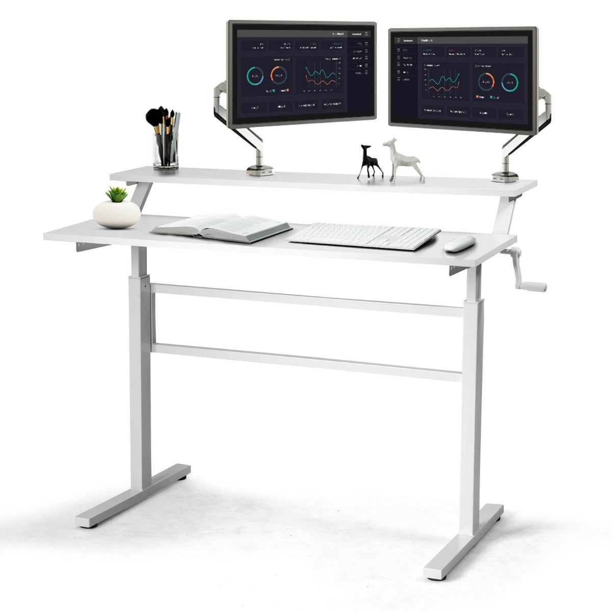 2-Tier Height Adjustable Standing Desk with Crank Handle-White, Costway, 1