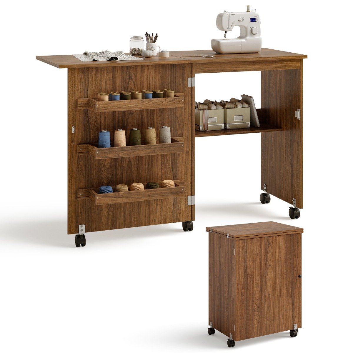 Folding Sewing Table with Storage Shelves and Lockable Casters-Brown, Costway, 1