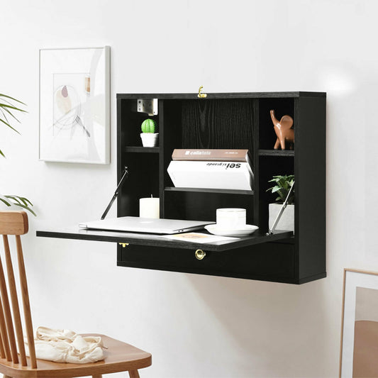 Wall Mounted Wooden Cabinet with Drop Down Desk-Black, Costway, 2