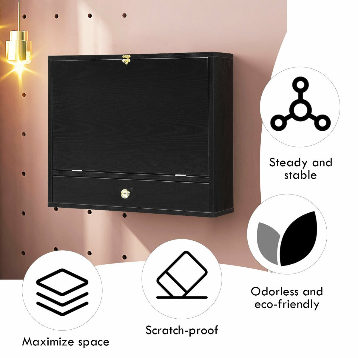 Wall Mounted Wooden Cabinet with Drop Down Desk-Black, Costway, 3