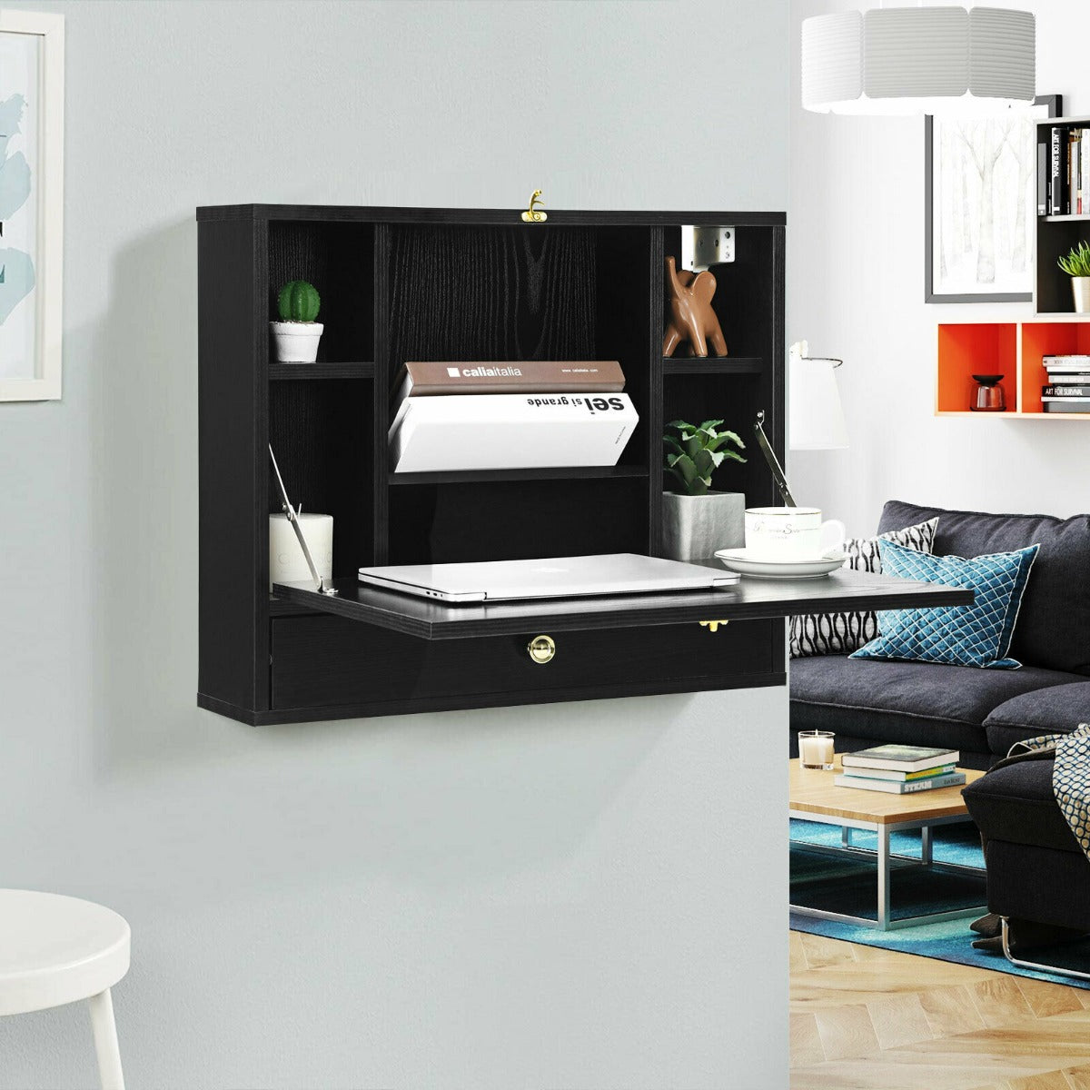 Wall Mounted Wooden Cabinet with Drop Down Desk-Black, Costway, 5