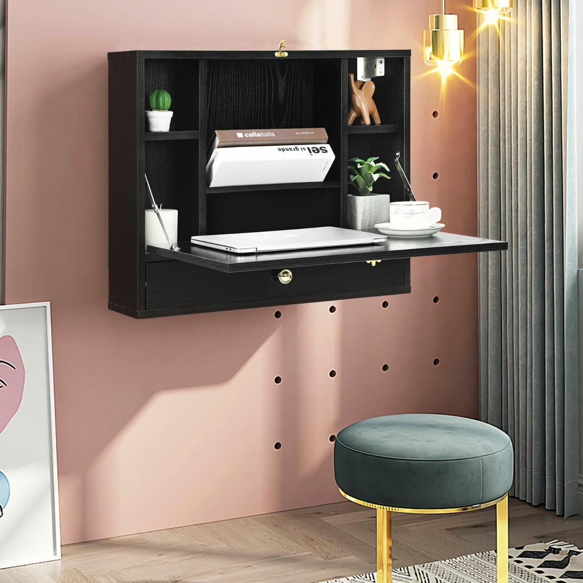 Wall Mounted Wooden Cabinet with Drop Down Desk-Black, Costway, 6