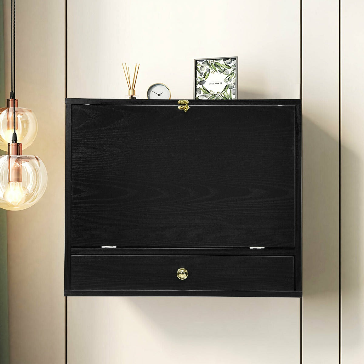 Wall Mounted Wooden Cabinet with Drop Down Desk-Black, Costway, 7