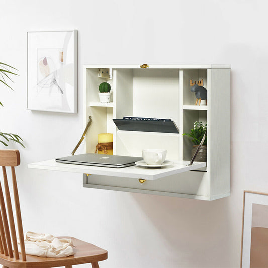 Wall Mounted Foldable Multi-functional desk Wooden Cabinet-White, Costway, 2