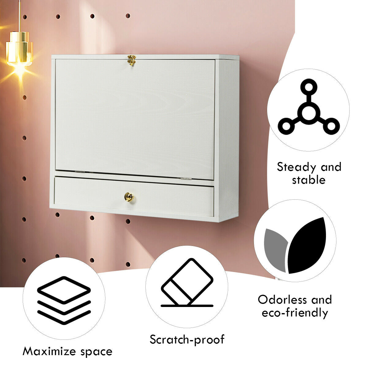 Wall Mounted Foldable Multi-functional desk Wooden Cabinet-White, Costway, 3