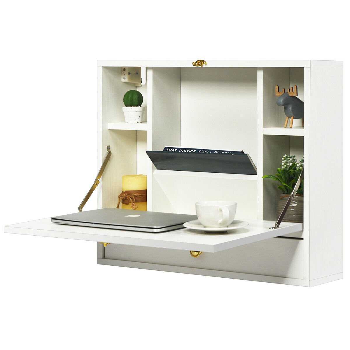 Wall Mounted Foldable Multi-functional desk Wooden Cabinet-White, Costway, 1