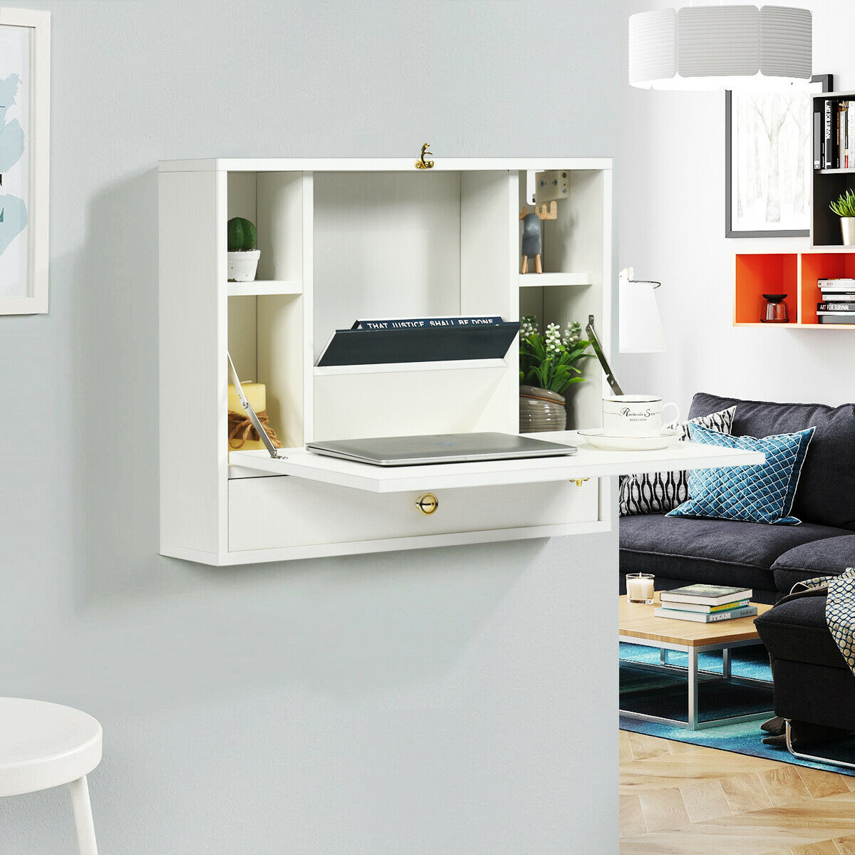 Wall Mounted Foldable Multi-functional desk Wooden Cabinet-White, Costway, 5