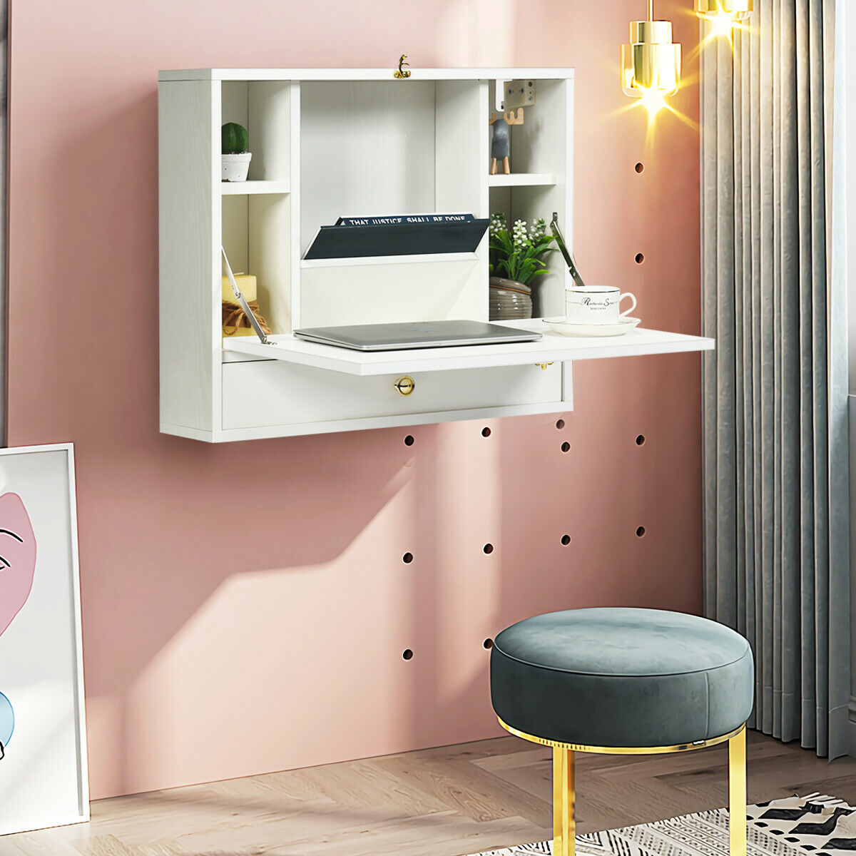 Wall Mounted Foldable Multi-functional desk Wooden Cabinet-White, Costway, 6