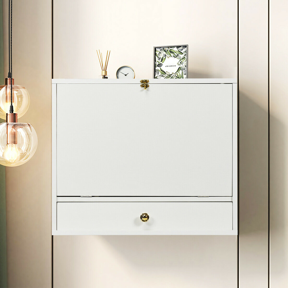 Wall Mounted Foldable Multi-functional desk Wooden Cabinet-White, Costway, 7