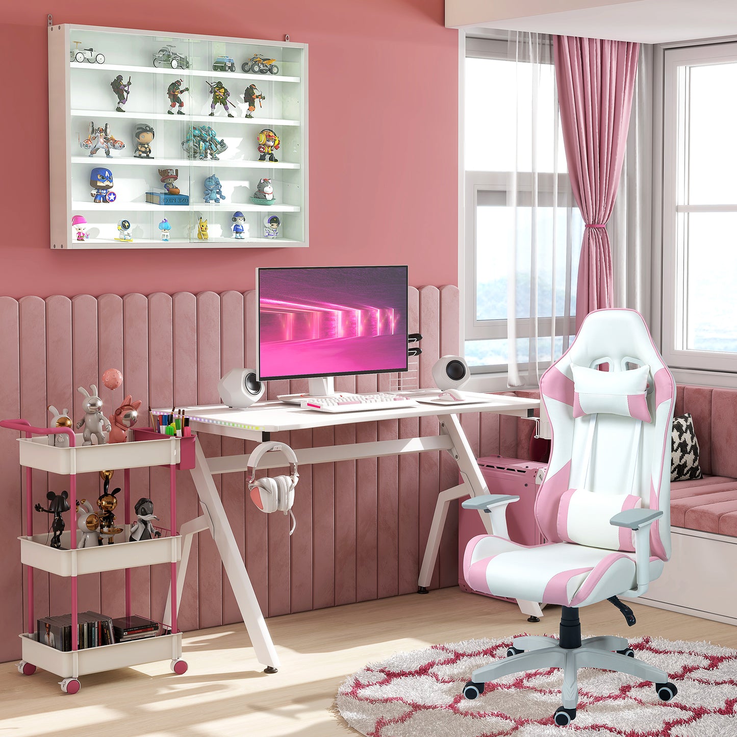 RGB 120 x 66cm Gaming Desk, Computer Table with Carbon Fibre Surface, Headphone Hook, Cup Holder, Controller Rack, Home Office Desk, White, HOMCOM, 8
