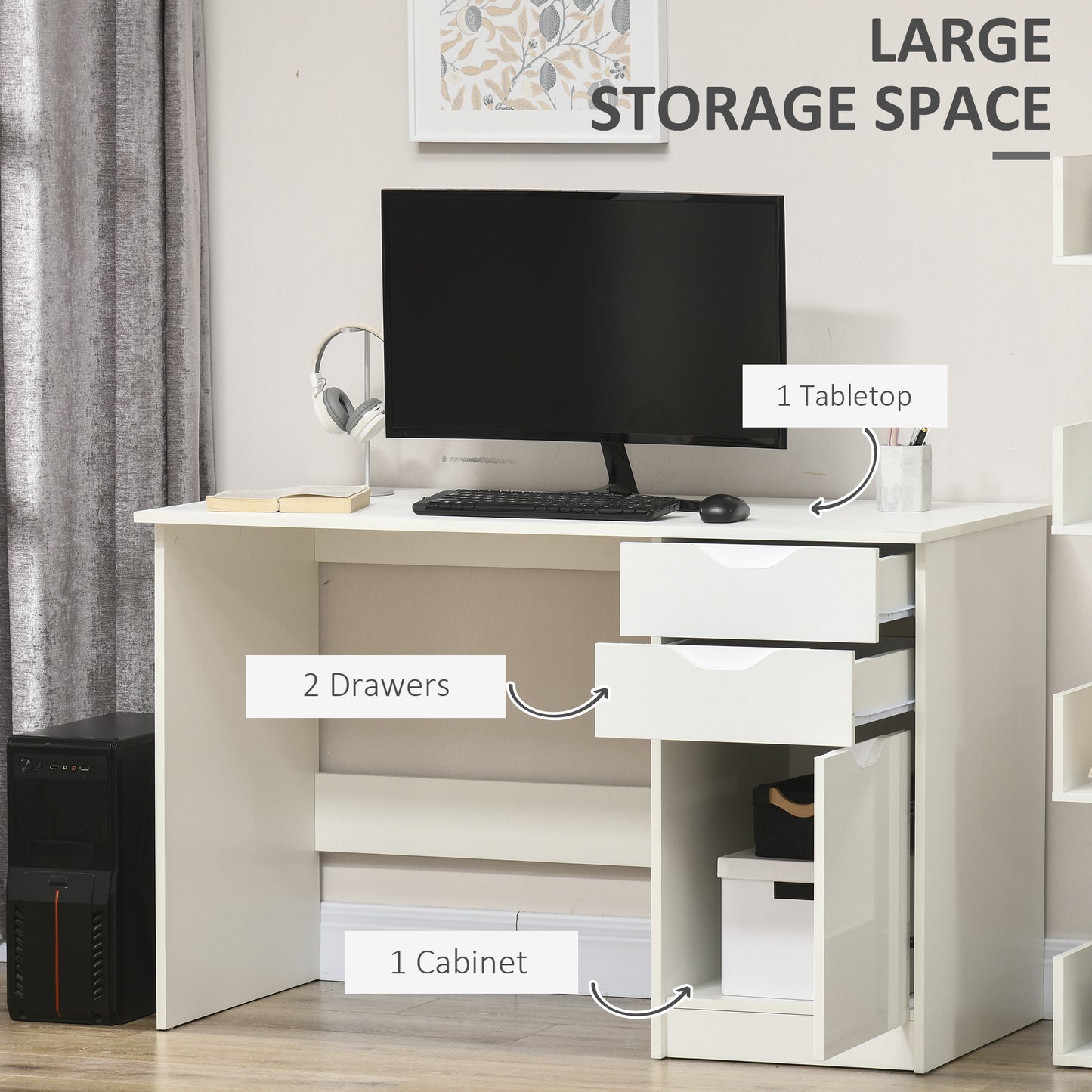 Computer Desk with Drawers, High Gloss Home Office Desk with Storage Cabinet, Study Workstation, 120 x 60cm, White, HOMCOM, 5