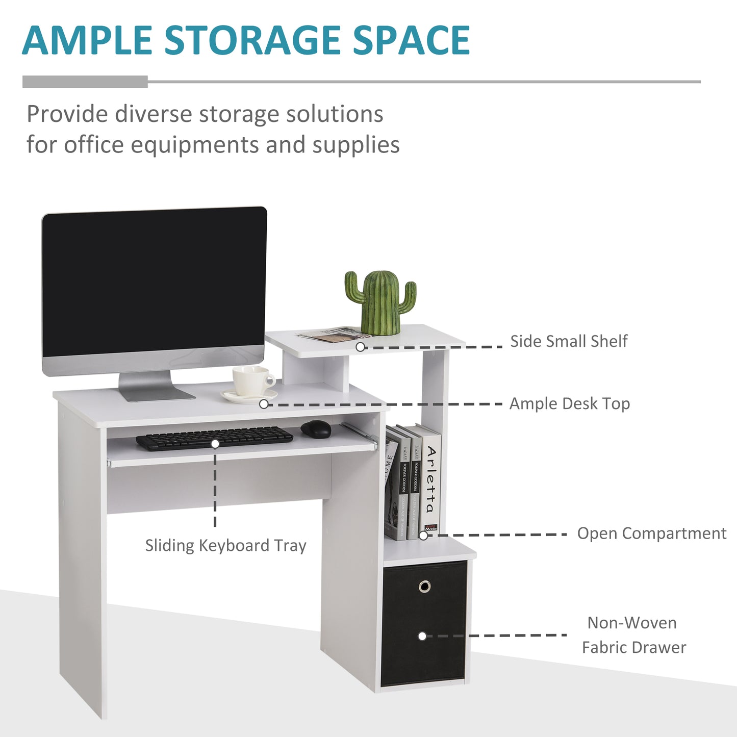 Computer Desk with Sliding Keyboard Tray Storage Drawer Shelf Home Office Workstation White, HOMCOM, 4