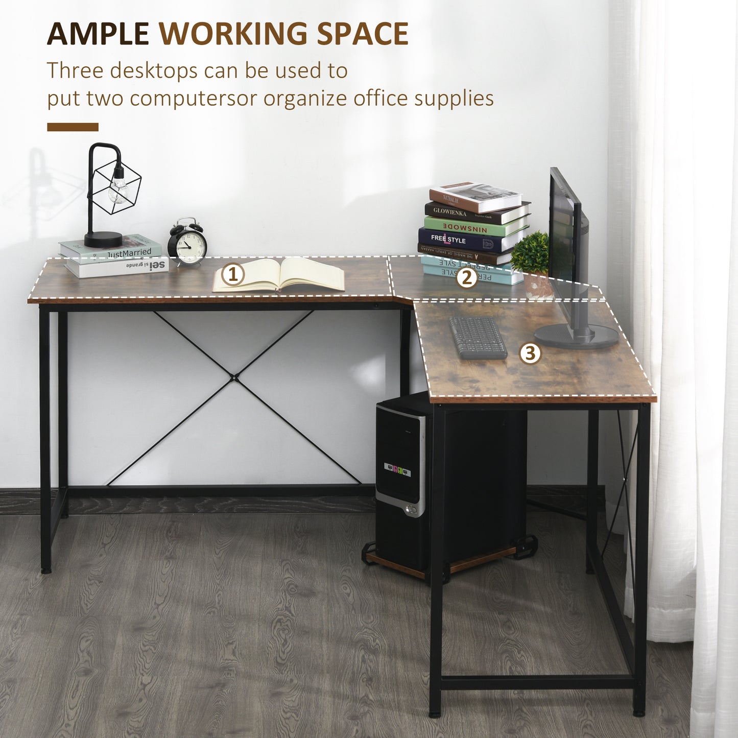 Corner Gaming Desk L-Shape Computer PC Workstation Home Office Three Worktop Writing Table 150 x 150 x 75 cm, HOMCOM, 5