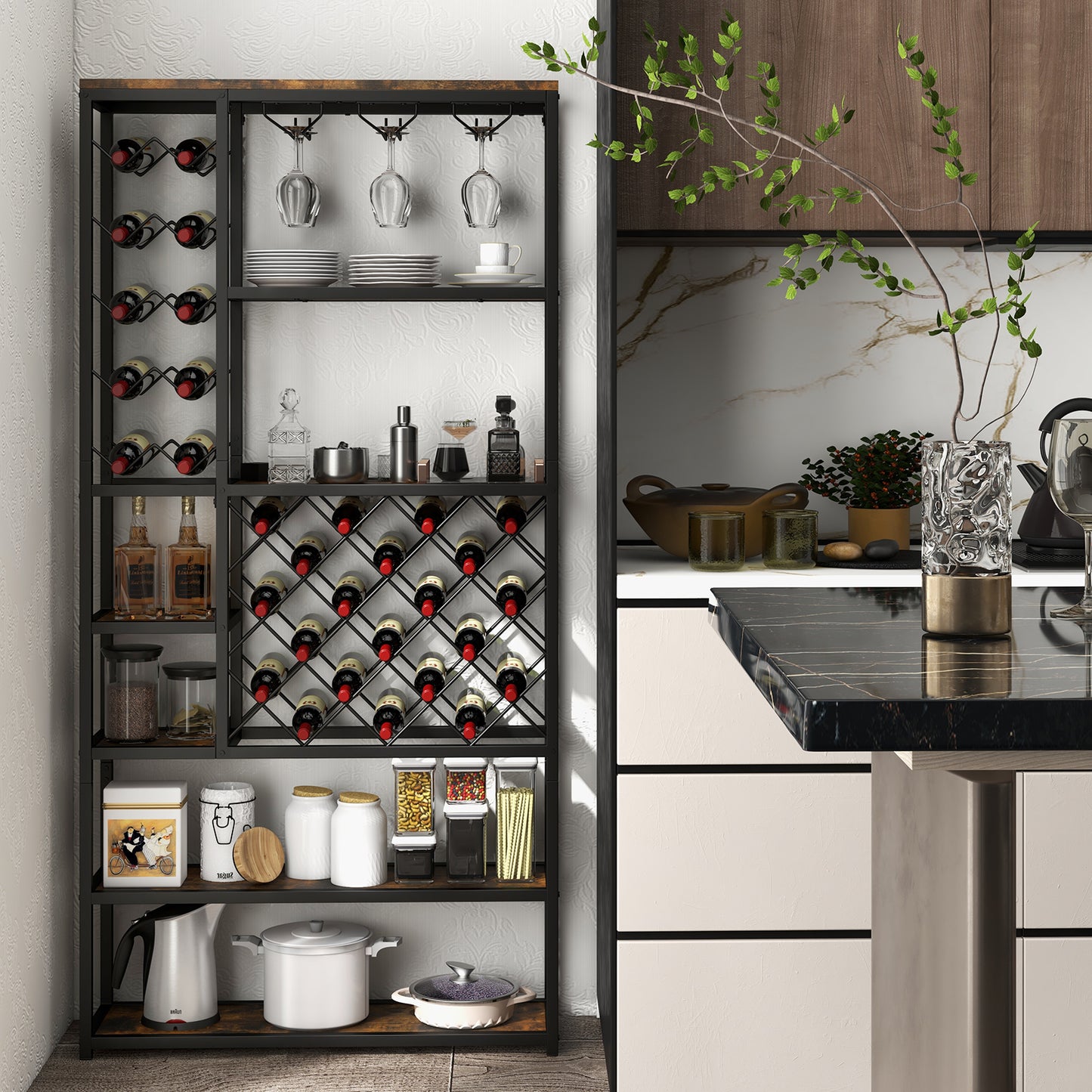 27 Bottles Tall Wine Rack with Glass Holders and Anti-tipping Device, Costway, 1