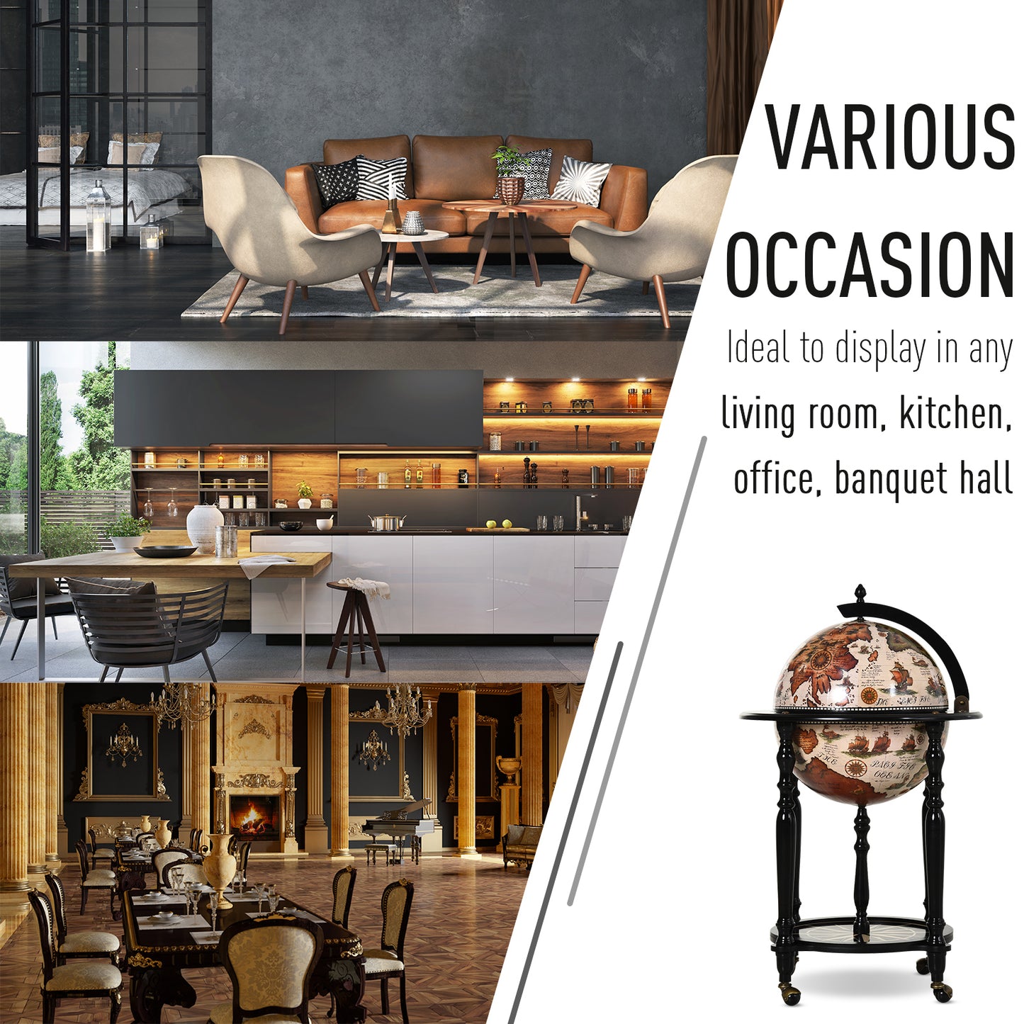 Unique Globe Drinks Cabinet Wood Frame 3 Compartments Bottles Glasses w/ Bottom Shelf 4 Wheels Elegant Antique Movable Safe Storage Presentation Wine Alcohol Beverage Trolley Brown Beige, HOMCOM, 6