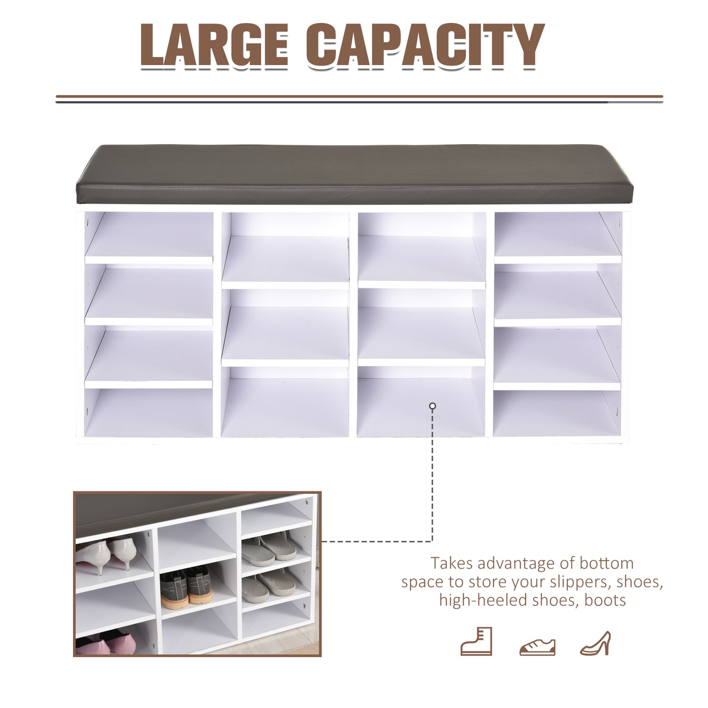 Multi-Storage Shoe Rack w/ 14 Compartments Cushion Moving Shelves Solid Frame Foot Pads Home Office Tidy Organisation Boots Trainers White, HOMCOM, 5