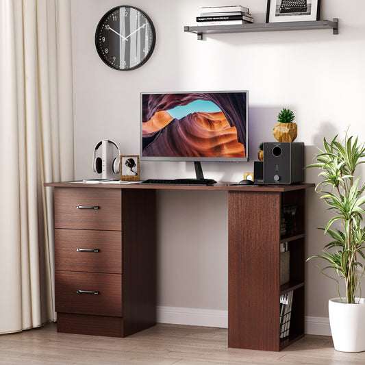 Computer Desk, Writing Table, PC Workstation with 3 Storage Shelves and Drawers, Black Handle, for Home Office, Walnut Brown, HOMCOM, 2