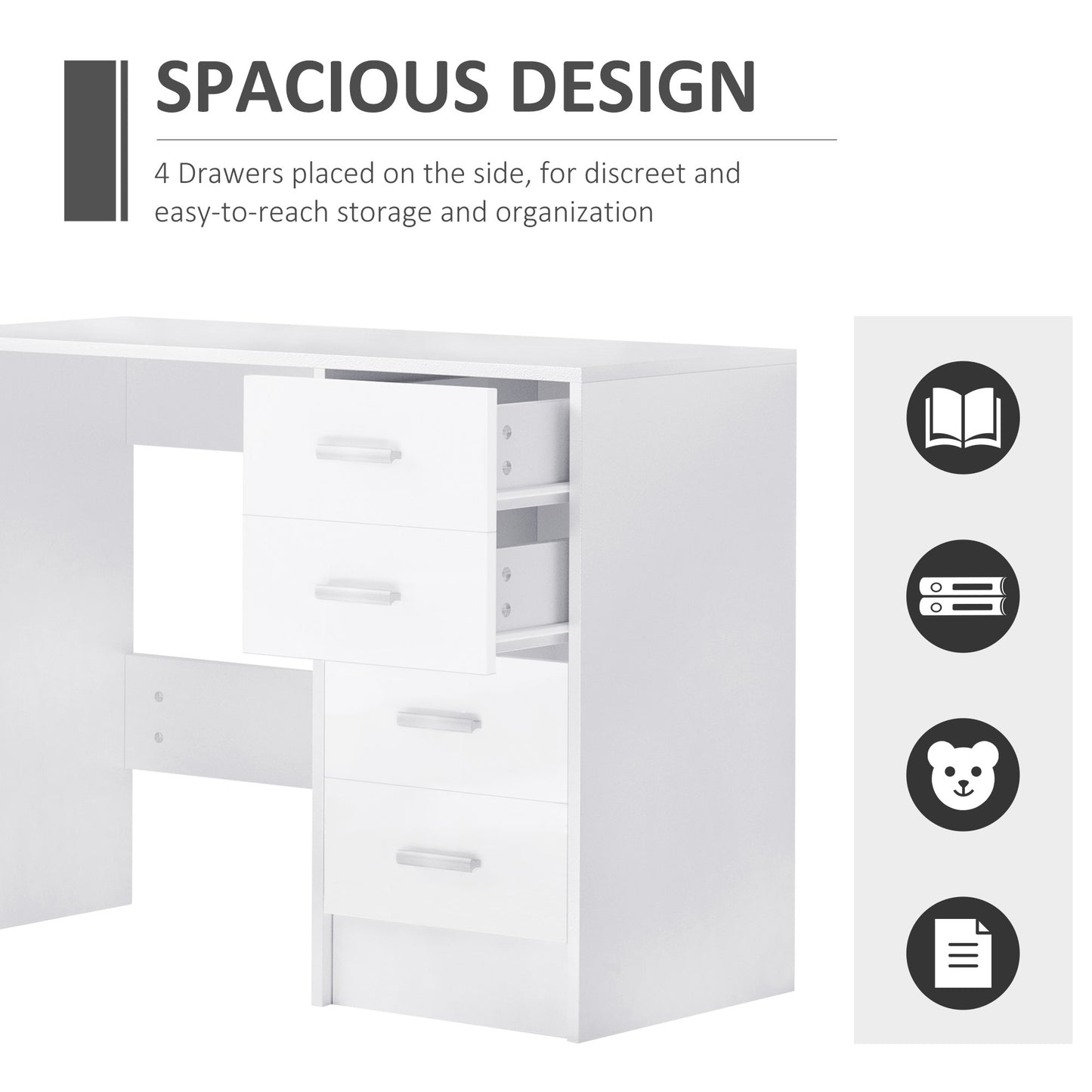 Computer Desk with Drawers, Dressing Table, High Gloss Home Office Writing Workstation, White, HOMCOM, 4