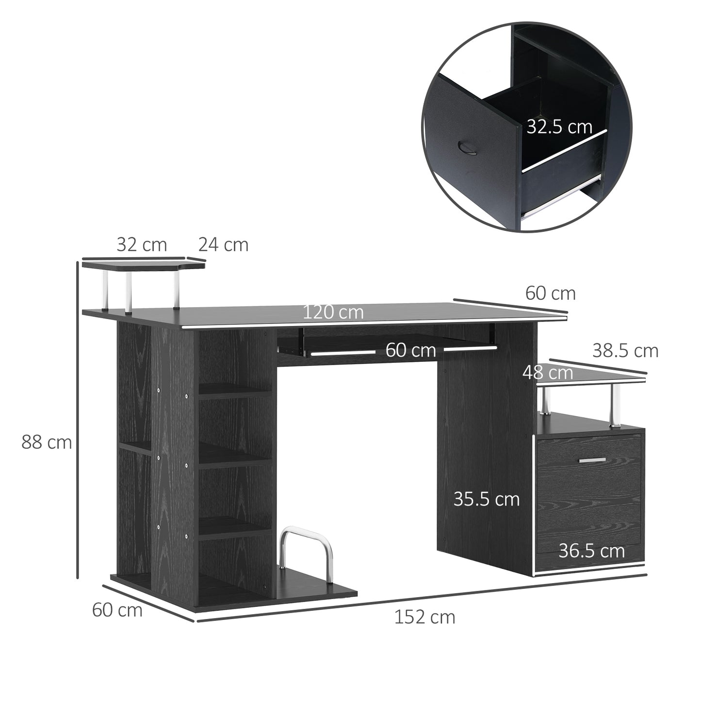 Computer Desk PC Workstation with Drawer Shelves CPU Storage Rack Home Office Furniture 152 x 60 x 88cm (BLACK), HOMCOM, 3