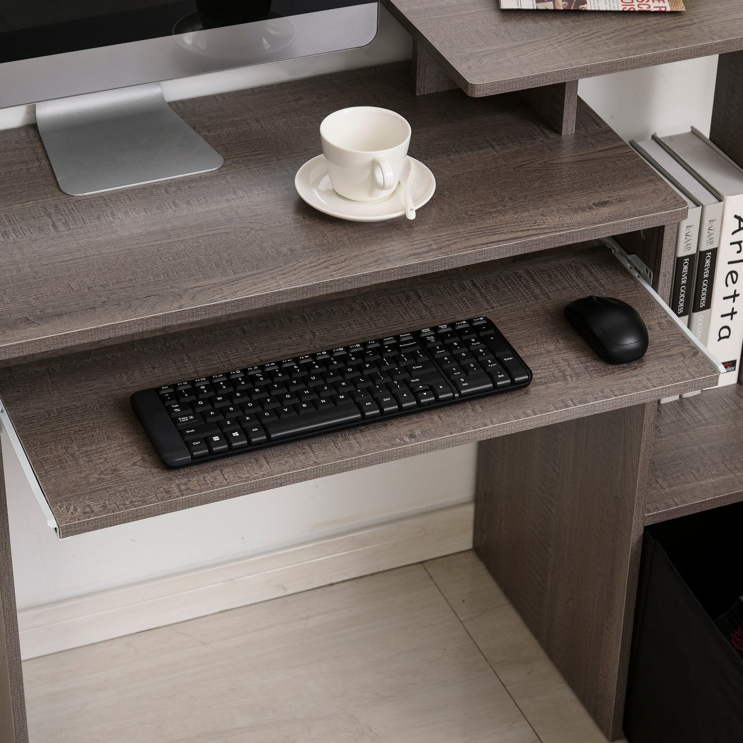 Computer Desk with Sliding Keyboard Tray Storage Drawer Shelf Home Office Workstation Grey, HOMCOM, 7