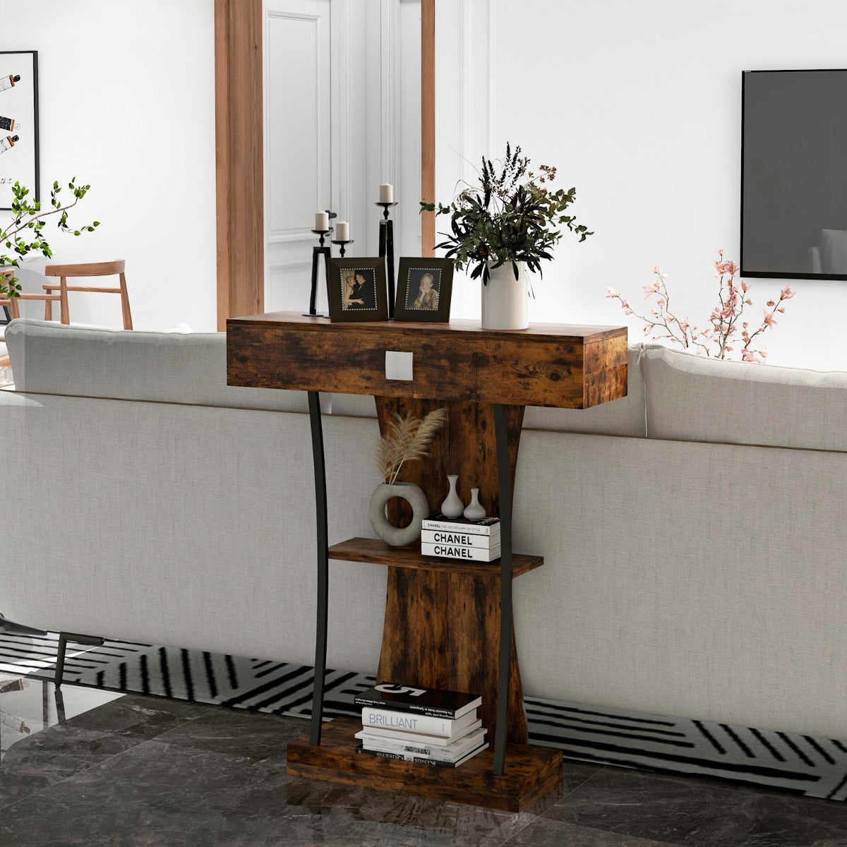 T-Shaped Console Table for Small Space-Brown, Costway, 7