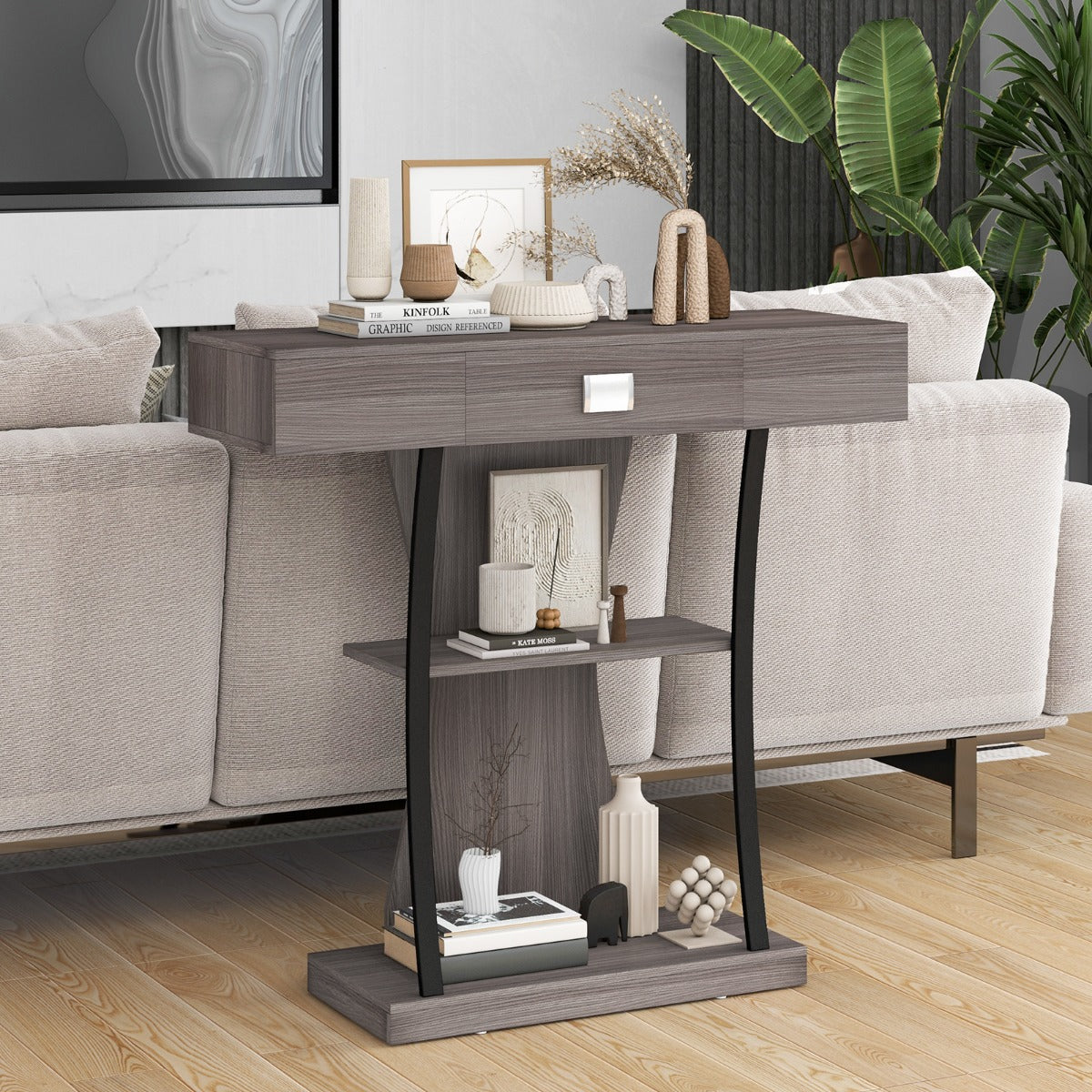 T-Shaped Console Table for Small Space-Grey, Costway, 7