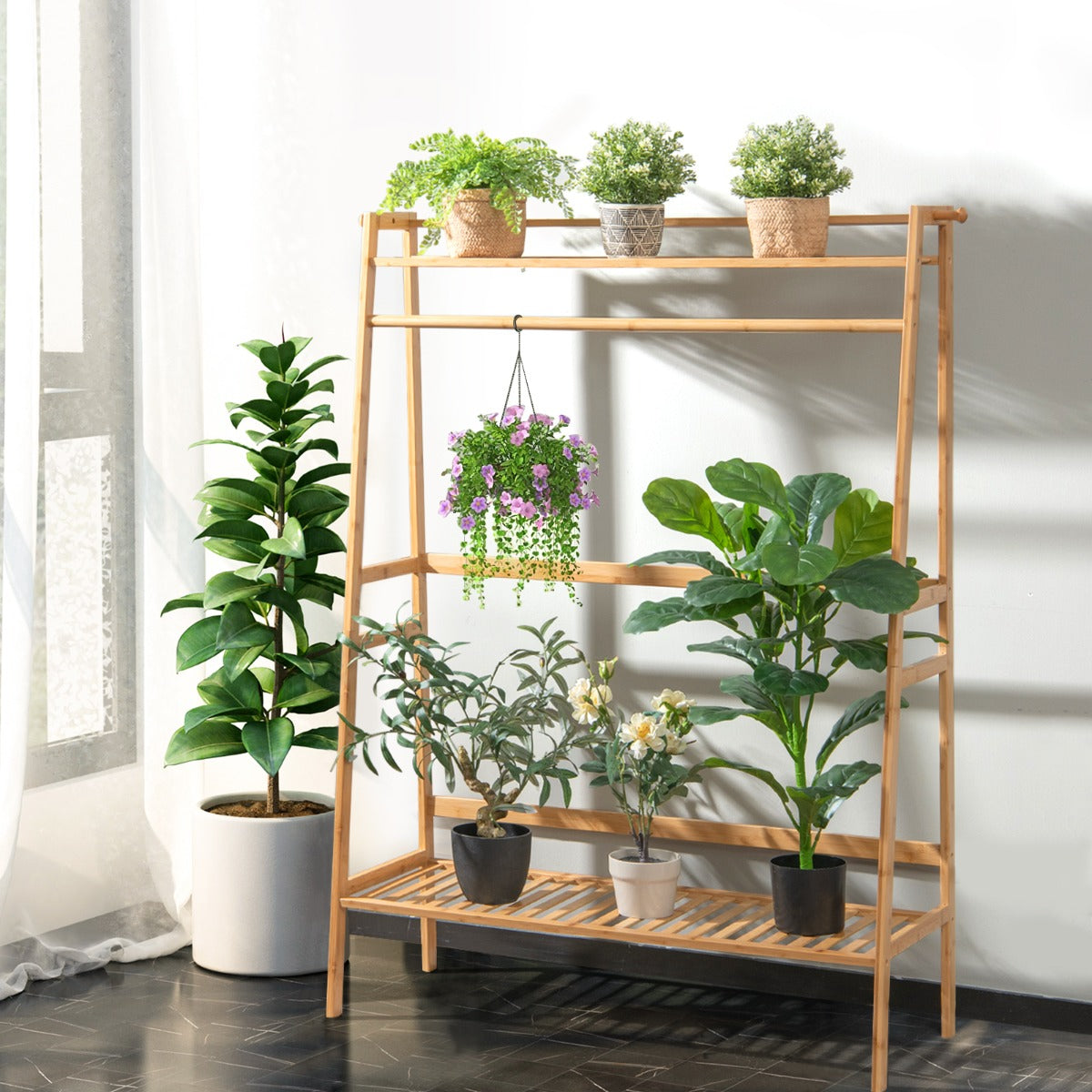 Clothes Rail, Coat Rack with Shoe Storage, Bamboo Clothing Rack with Top Shelf, Natural, Costway, 1