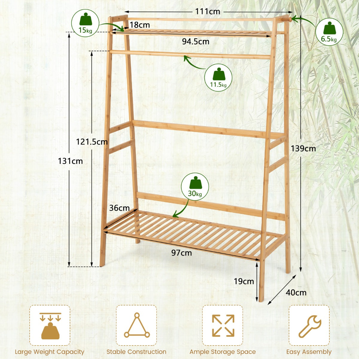 Clothes Rail, Coat Rack with Shoe Storage, Bamboo Clothing Rack with Top Shelf, Natural, Costway, 3