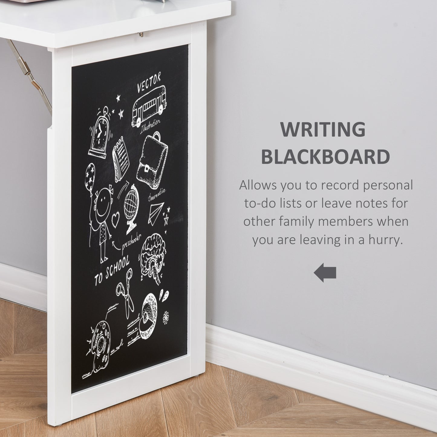 Fold-out Convertible Writing Desk Wall Mount Cabinet with Blackboard and Side Shelf Multi-Function Home Office Workstation, White, HOMCOM, 7