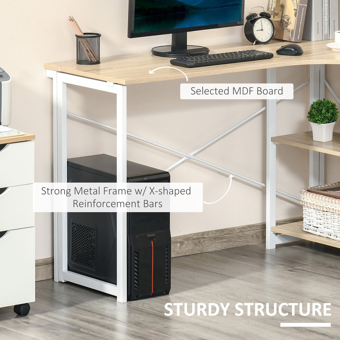 Folding Desk, L Shaped Desk, Corner Computer Desk with 2-Tier Storage Shelf for Home Office, Study Room, Workstation, Easy Assembly, 120 x 72.5 x 76.5cm, Oak Tone, HOMCOM, 7