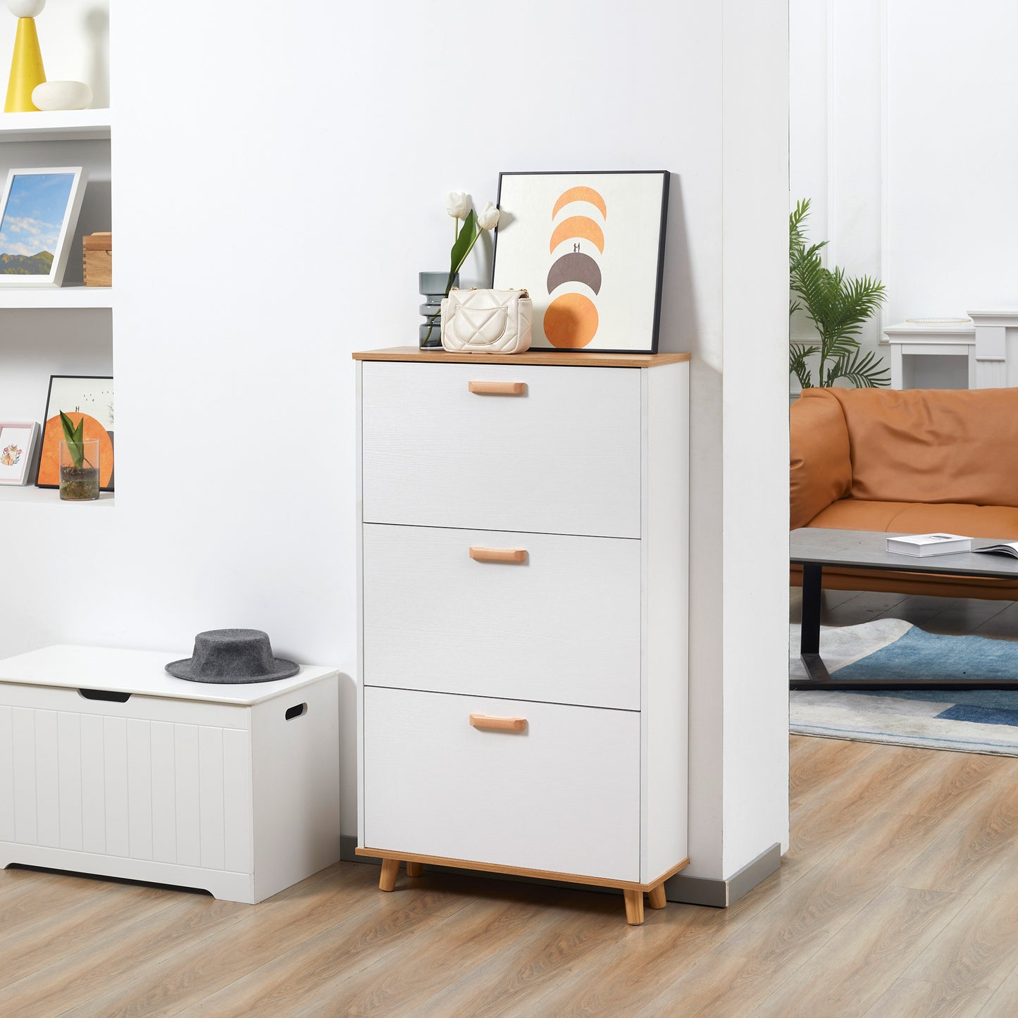 Narrow Shoe Cabinet, Slim Shoe Storage Cabinet with 3 Flip Drawers and Adjustable Shelves, 12 Pair of Shoes Organizer for Hallway, Entryway, White, HOMCOM, 2