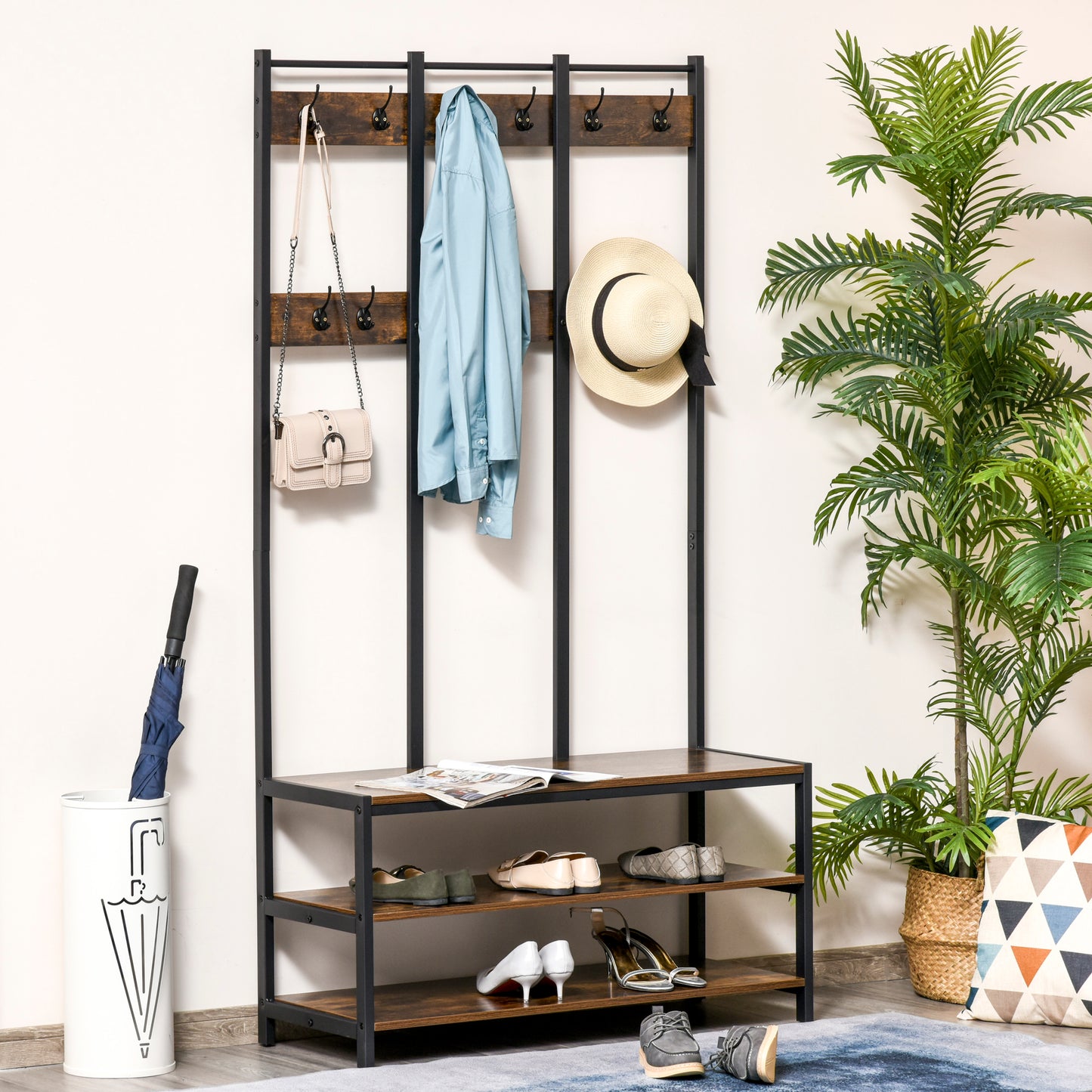 Coat Rack Stand, Free Standing Hall Tree, Coat Stand with Hooks, Bench and Shoe Rack, 100cm x 40cm x 184cm, Industrial Style, Rustic Brown and Black, HOMCOM, 2