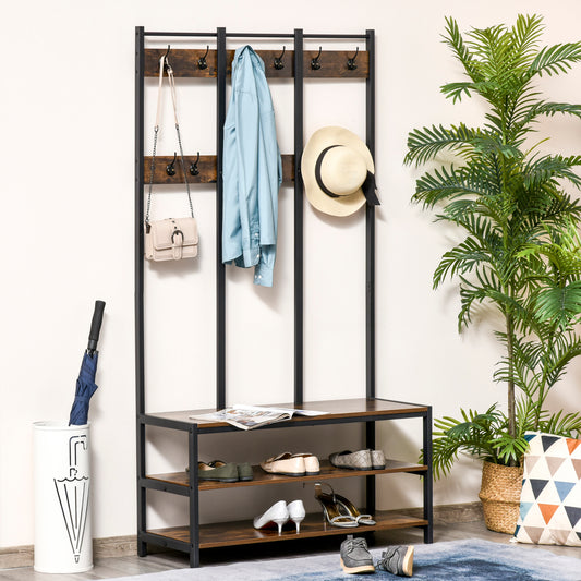 Coat Rack Stand, Free Standing Hall Tree, Coat Stand with Hooks, Bench and Shoe Rack, 100cm x 40cm x 184cm, Industrial Style, Rustic Brown and Black, HOMCOM, 2