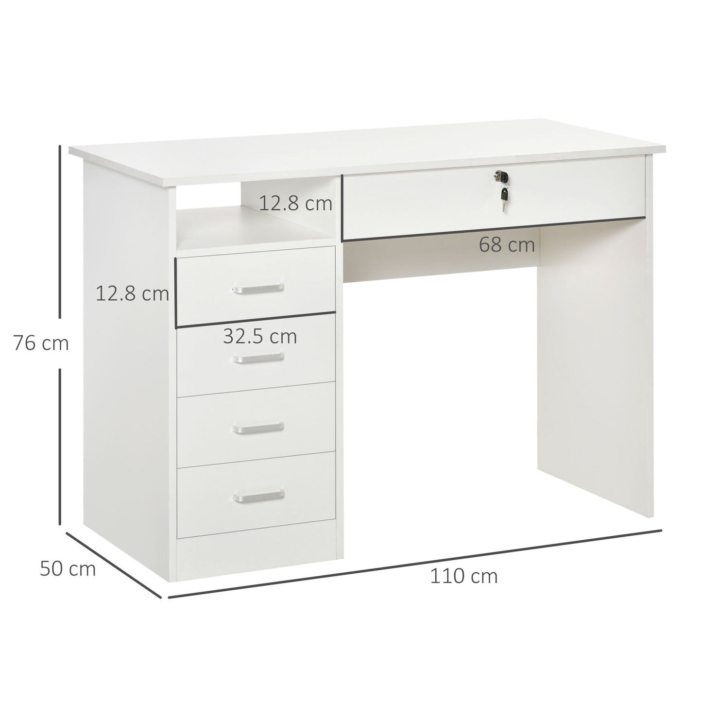 Computer Desk, Home Office Desk with Lockable Drawer, Storage Shelf for Study Bedroom, 110 x 50 x 76 cm, White, HOMCOM, 3