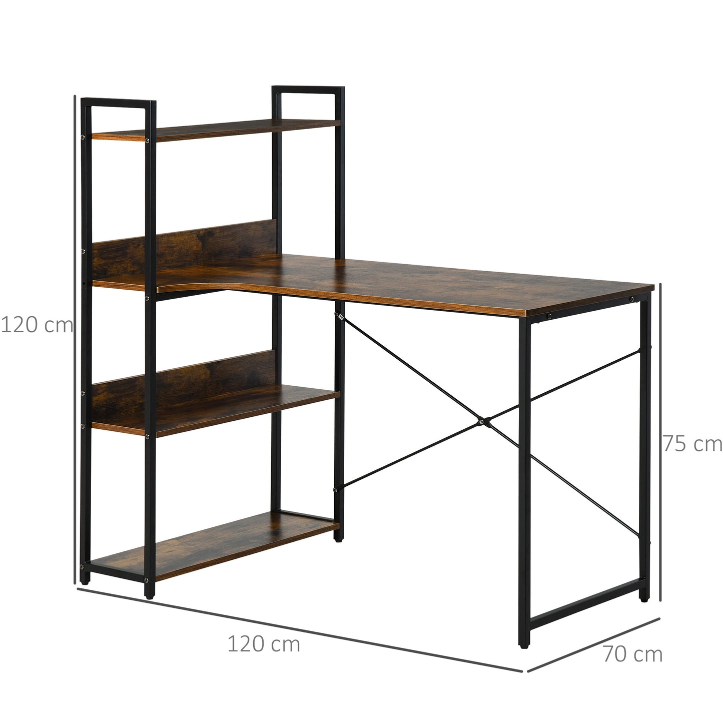 Computer Desk with 4-Tier Storage Shelf, Study Table, Home Office Desk with Bookshelf and Metal Frame, 120 x 70 x 120cm, Brown, HOMCOM, 3