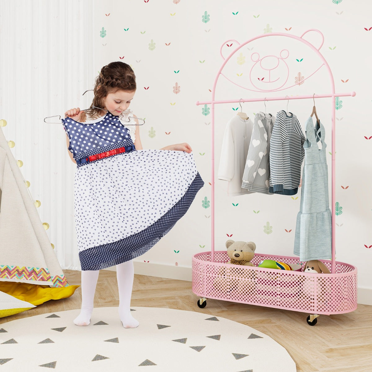 Kid Clothes Rack with 3 Adjustable Heights for Children Adults-Pink, Costway, 7