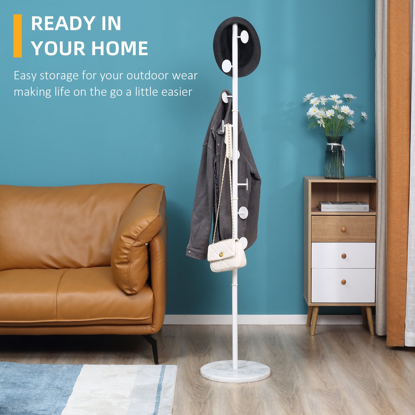 Coat Rack Free Standing Hall Tree with 8 Round Disc Hooks for Clothes, Hats,Purses, Steel Entryway Coat Stand with Marble Base for Entryway, Living Room, Bedroom, White, HOMCOM, 4