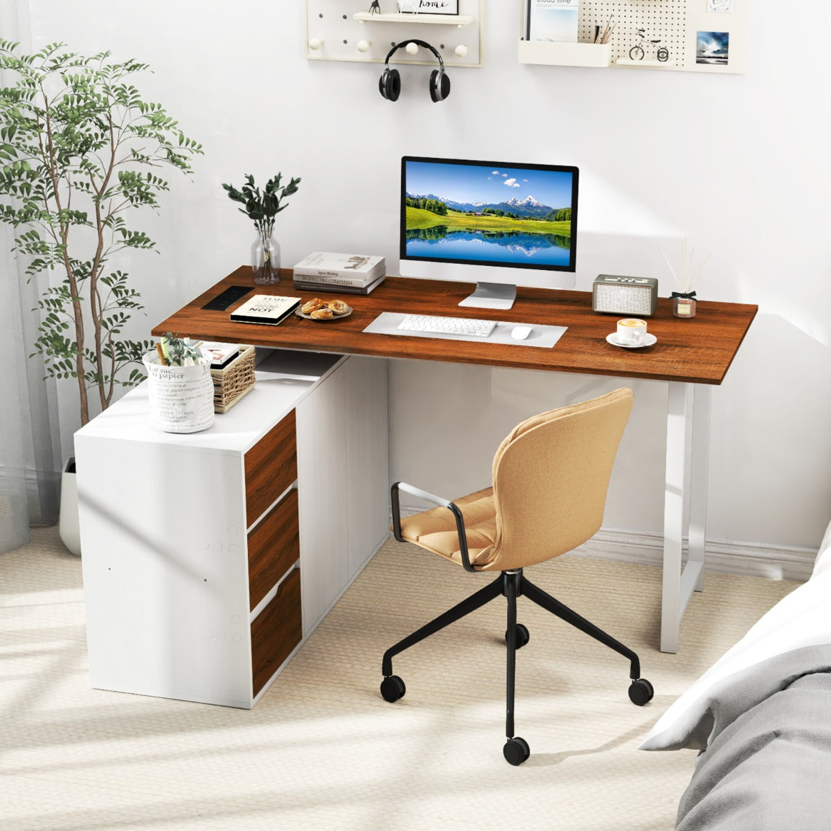 L-Shaped Desk with File Cabinet and Power Outlet-Natural and White, Costway, 3