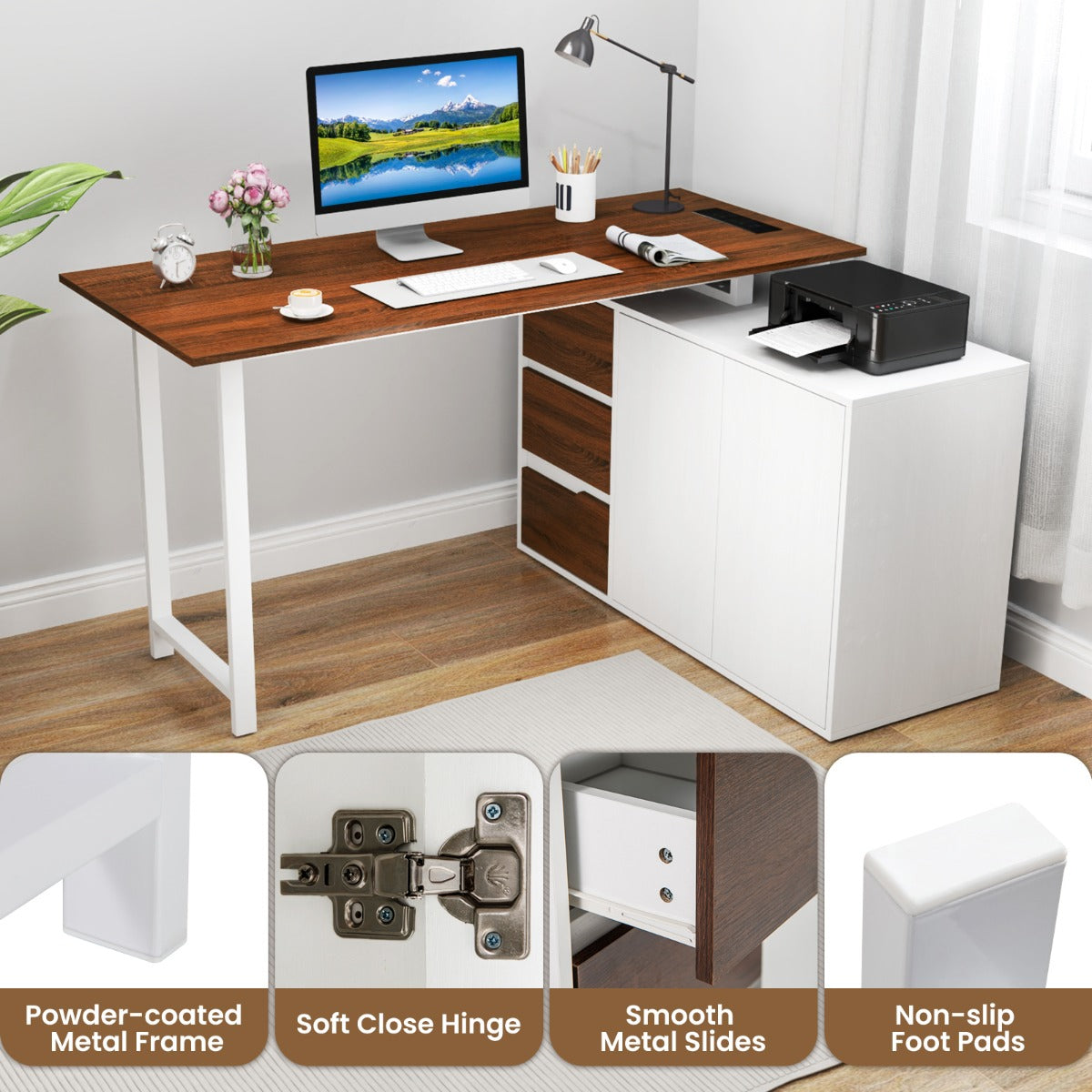 L-Shaped Desk with File Cabinet and Power Outlet-Natural and White, Costway, 6