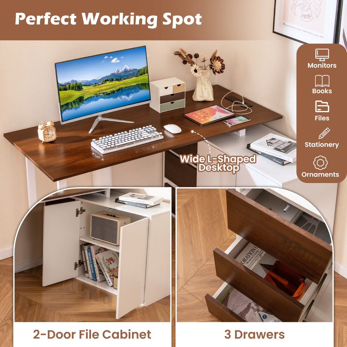 L-Shaped Desk with File Cabinet and Power Outlet-Natural and White, Costway, 7