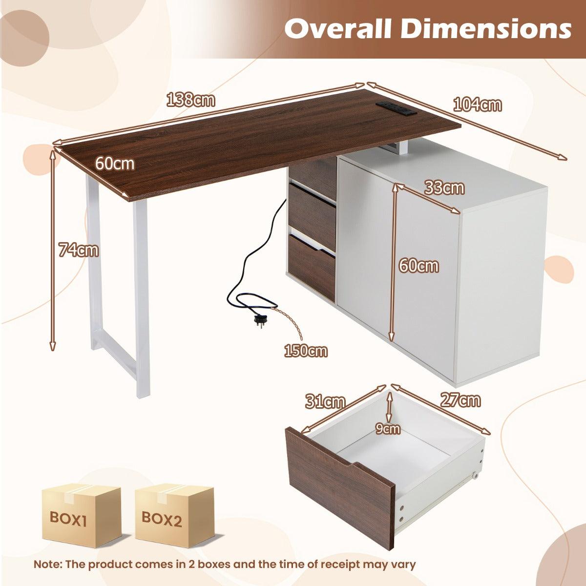 L-Shaped Desk with File Cabinet and Power Outlet-Natural and White, Costway, 5