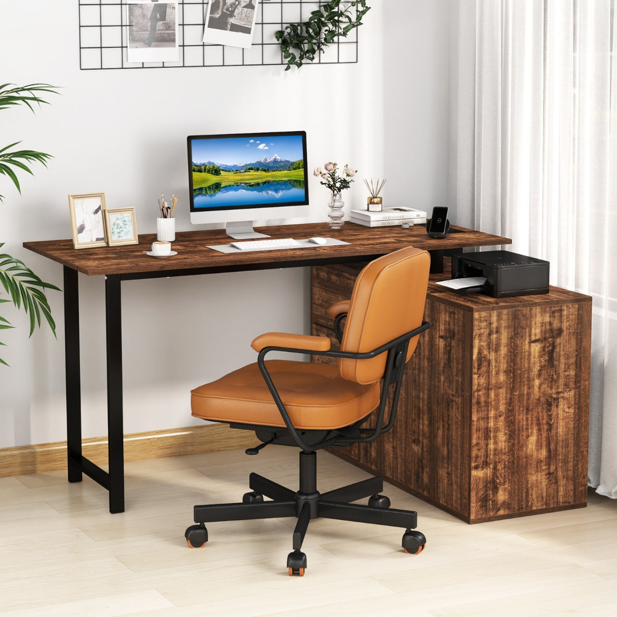 L-Shaped Desk with File Cabinet and Power Outlet-Black and Brown, Costway, 2