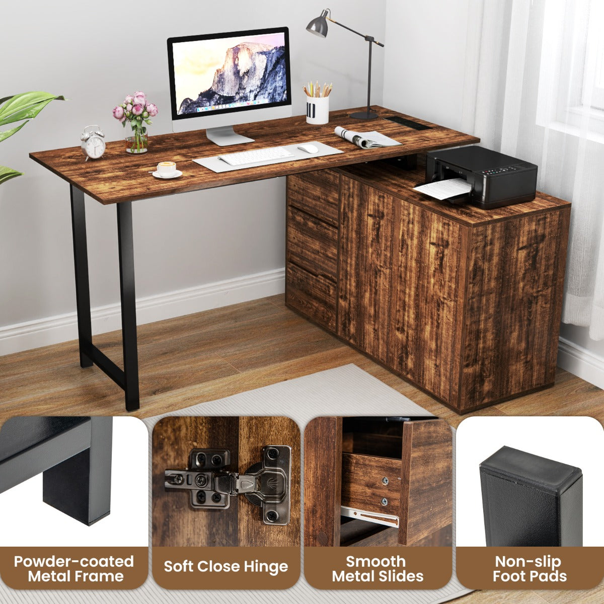 L-Shaped Desk with File Cabinet and Power Outlet-Black and Brown, Costway, 5